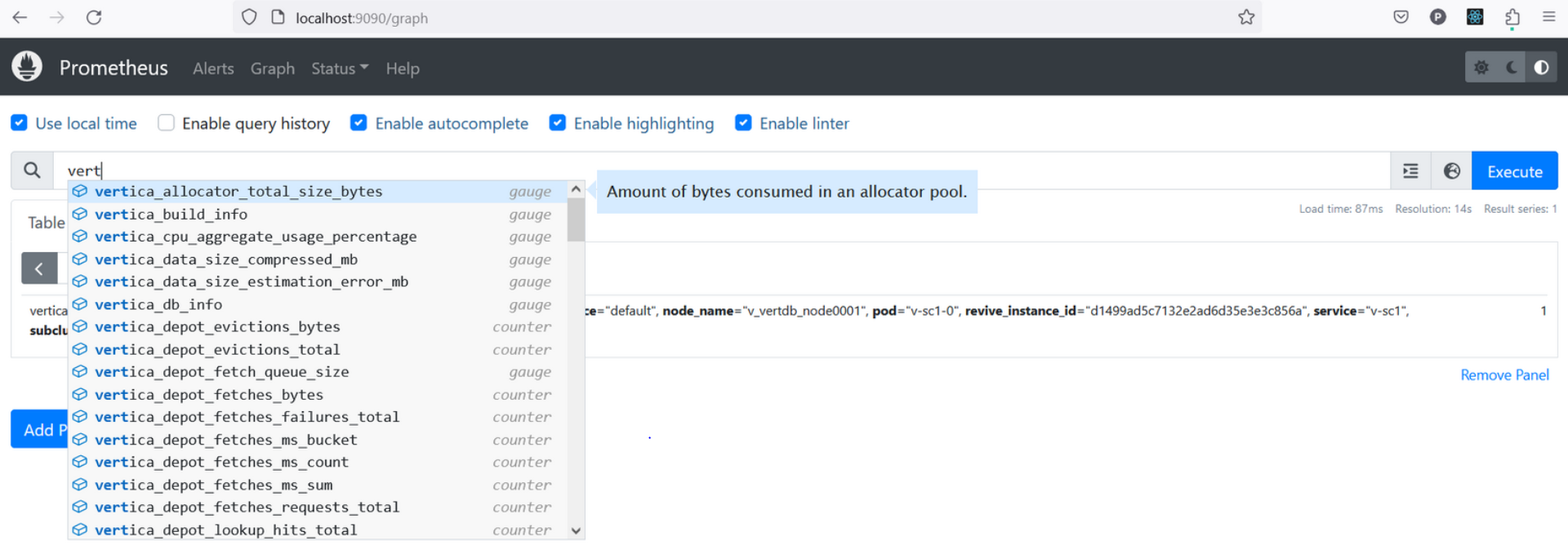 Query metrics screen